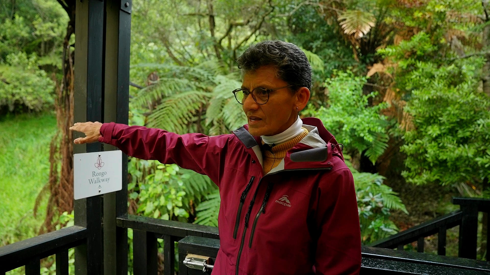 Pointing out the Rongo Walkway sign on the deck at the start of the track