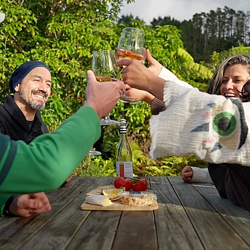 Friends raising a glass at the picnic table among the bush